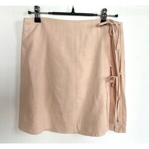 GB Pink Double Side Tie Lined Short Wrap Mini Skirt Linen Blend NEW Size S